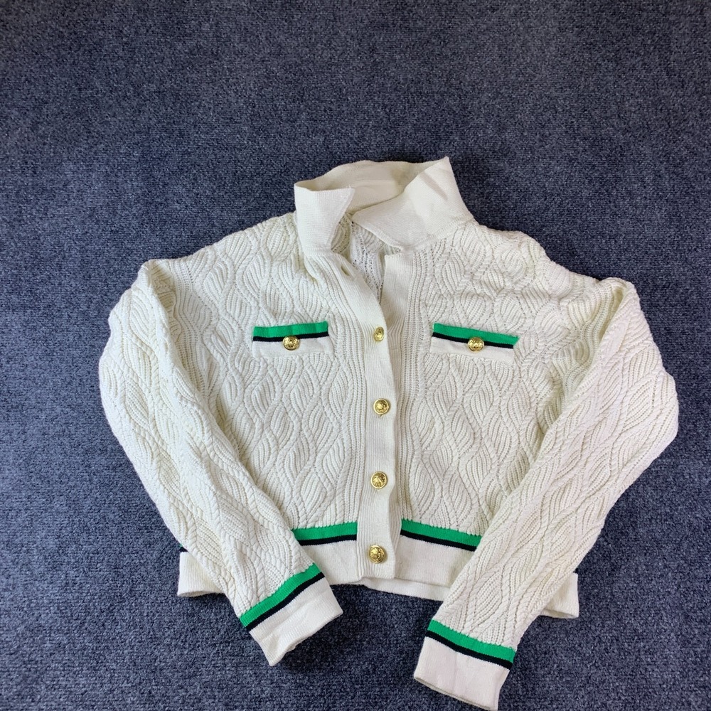 Marled Cardigan Sweater Womens Small Cream Green Cable Knit Rayon Button Front